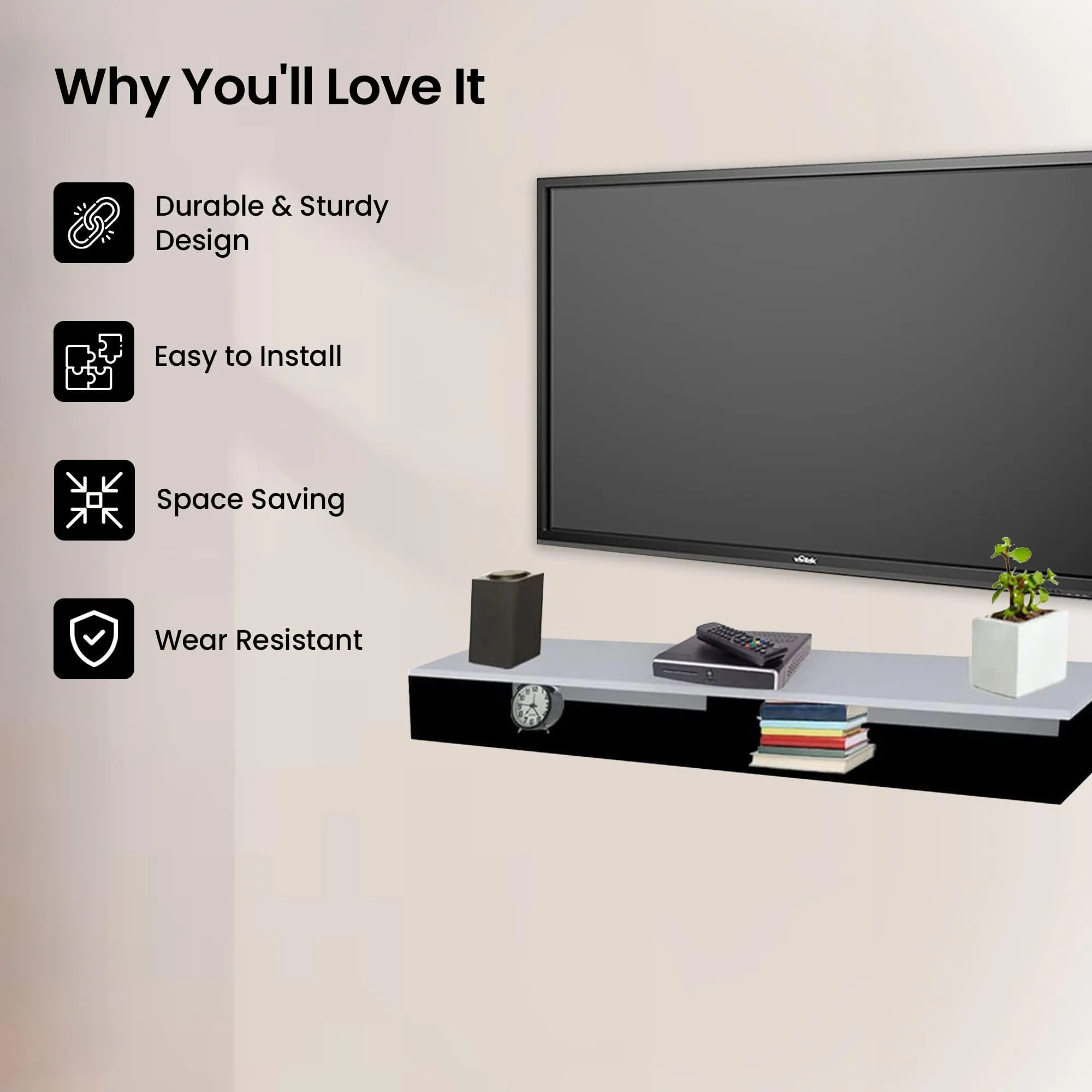 Kuber Industries ‎Wooden Wall Mounted Modular TV Unit for Living Room with Storage Shelf | TV Cabinet for Living Room & Home | Black & Gray