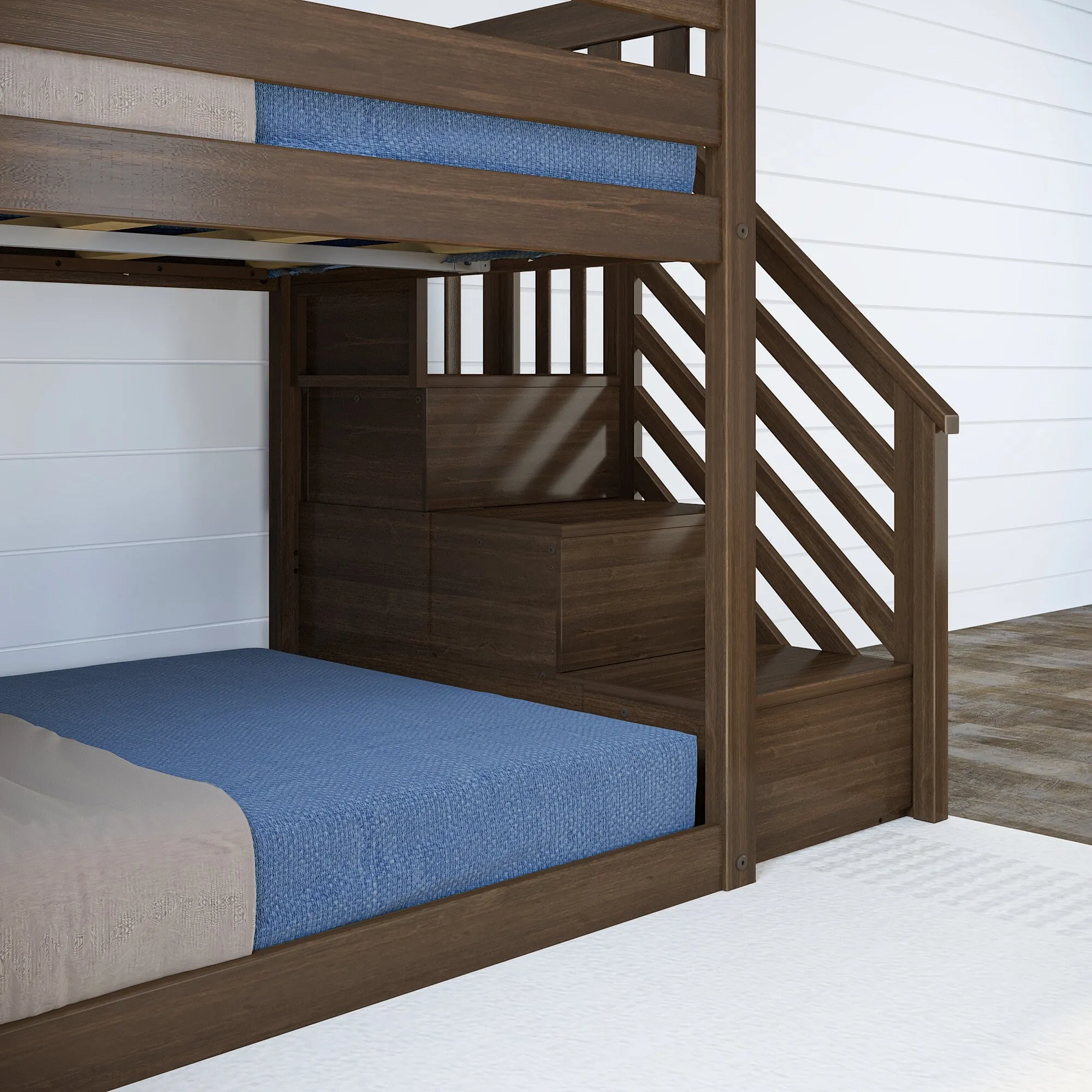 Twin Over Twin Low Bunk Bed With Easy Slide & Stairs